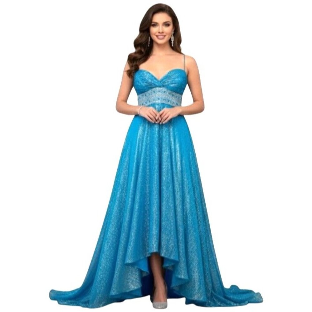 Dazzling Metallic Blue Silk Gown Flowy Prom 0 Hoco Glam Pageant Jeweled Hi-Low